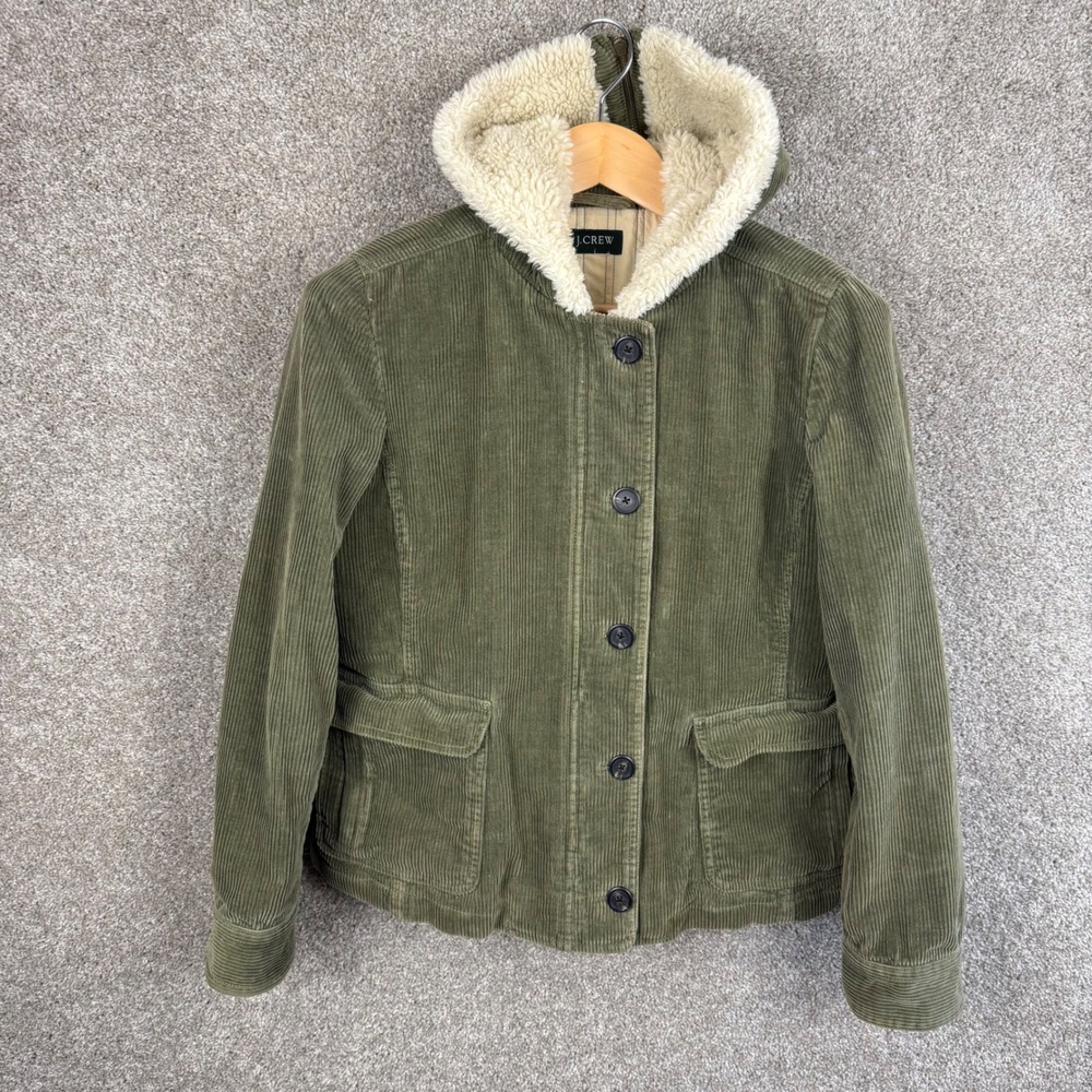 Vintage J. Crew Green Corduroy Hooded Jacket Sherpa Lined Womens Medium - Picture 2 of 7